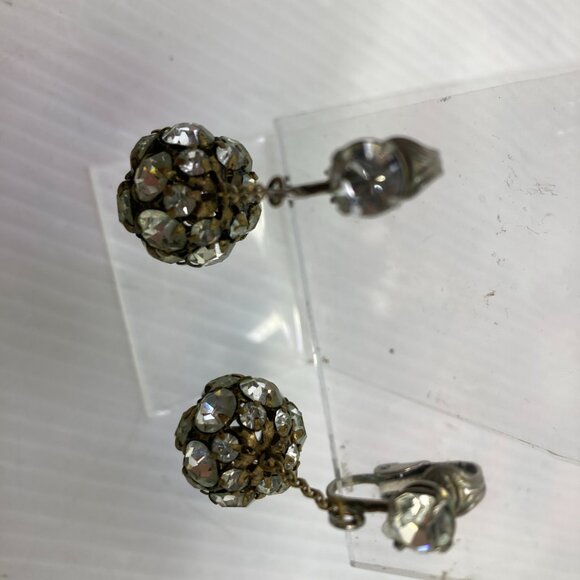 Vtg 1960 ball brass crystal rhinestone wedding bridal dangle earrings - Picture 3 of 7